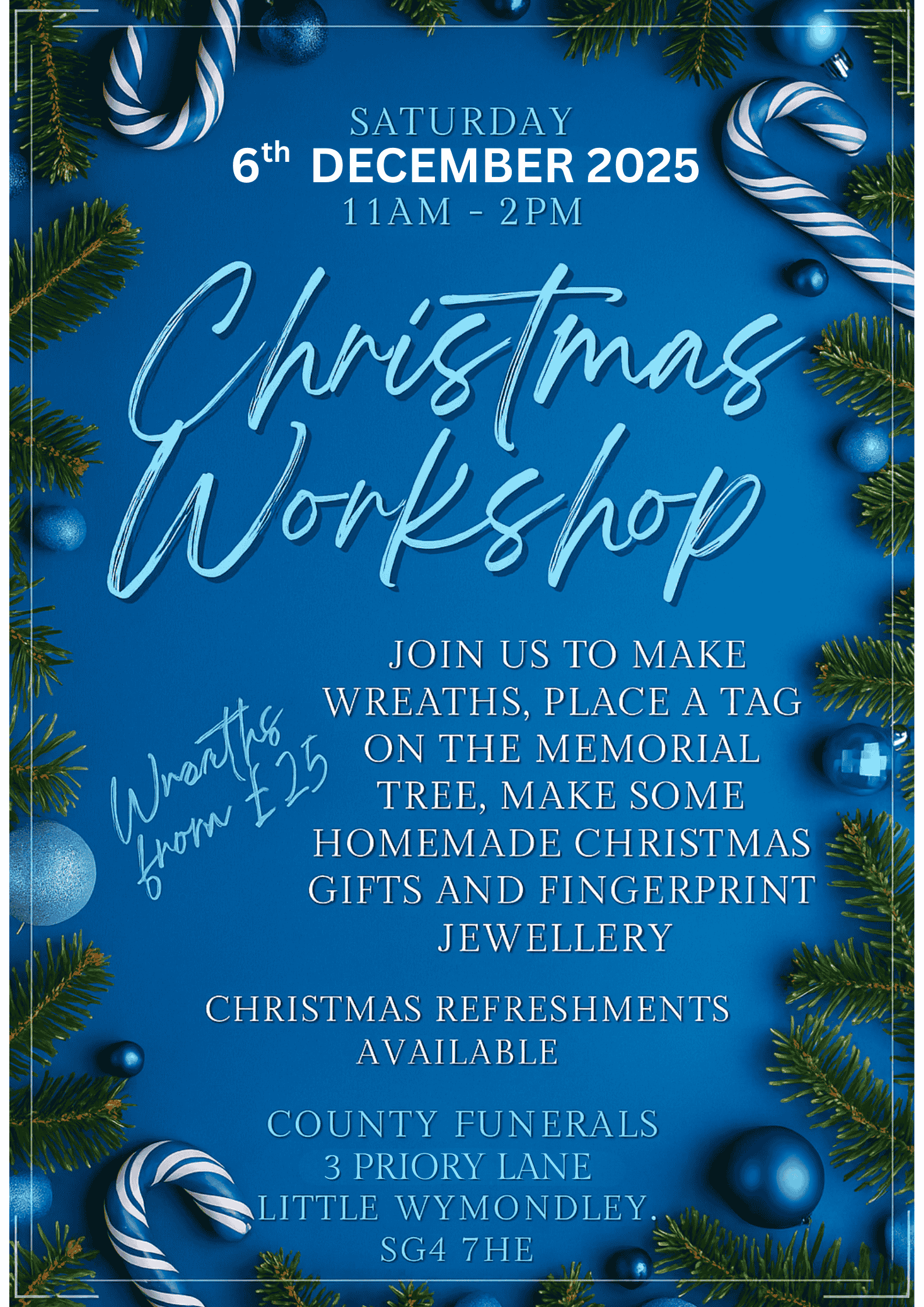 County Funerals Christmas wreath making workshop invitation for 6th December at 11am 